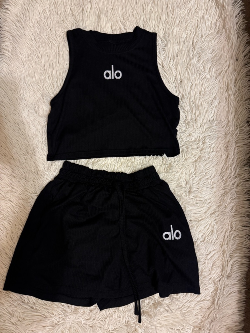 ALO Yoga Black Ribbed Tank & Shorts Set